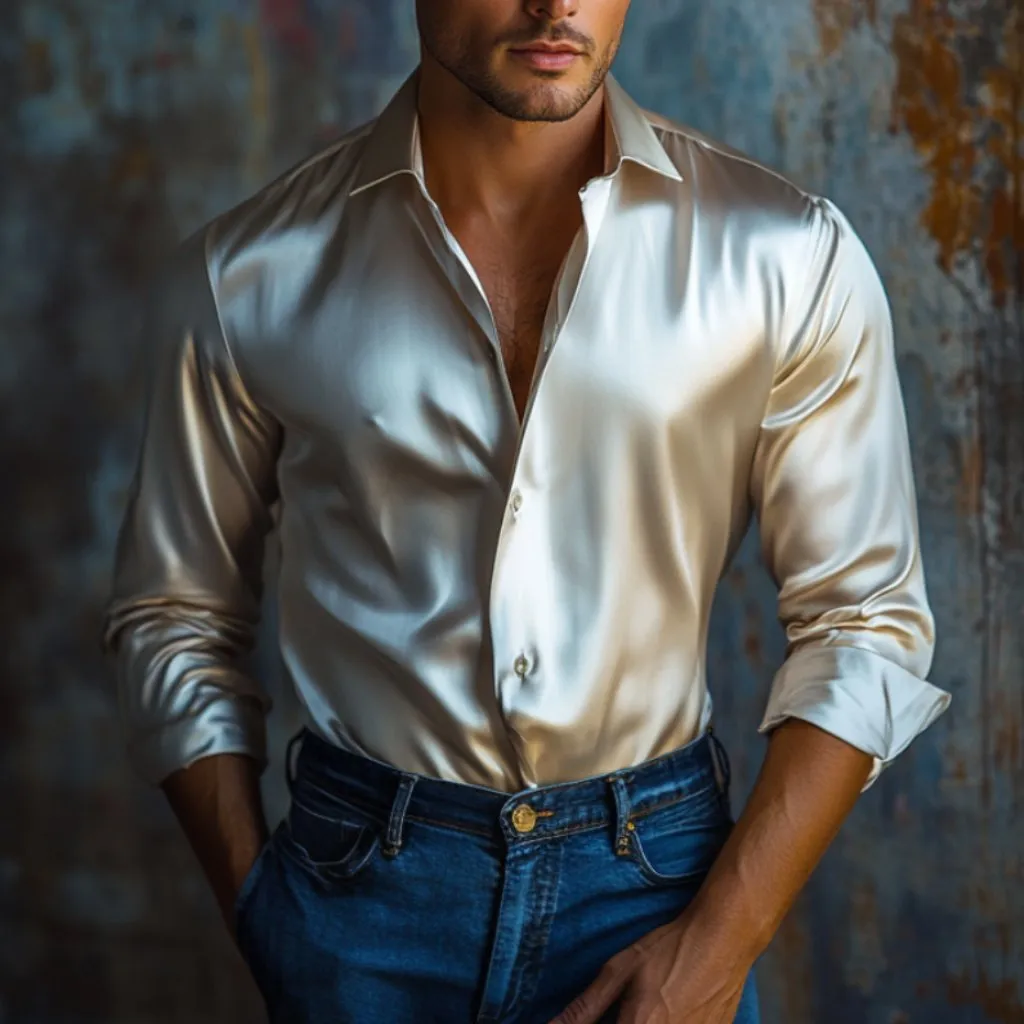 Men's Vintage Elegant Satin Slim Lapel Long Sleeve Shirt 91997479M sold by Manly product image thumbnail 2