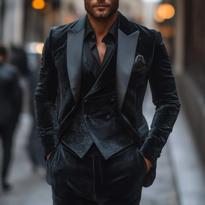 Men's Vintage Velvet Satin Patchwork Peak Lapel Single Breasted Slim Fit Blazer 74683721M sold by Manly product image thumbnail 2