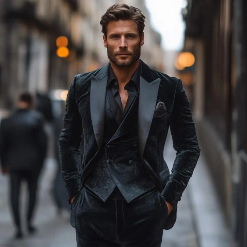 Men's Vintage Velvet Satin Patchwork Peak Lapel Single Breasted Slim Fit Blazer 74683721M sold by Manly product image thumbnail 4