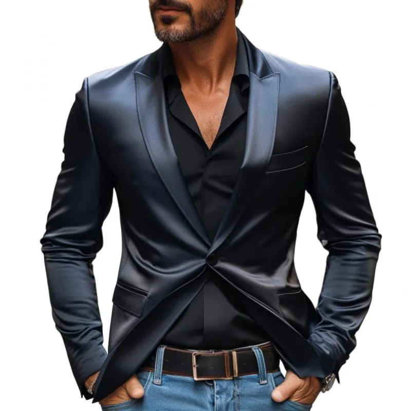 Men's Retro Elegant Satin Peak Lapel Single Breasted Slim Fit Blazer 24070390M sold by Manly