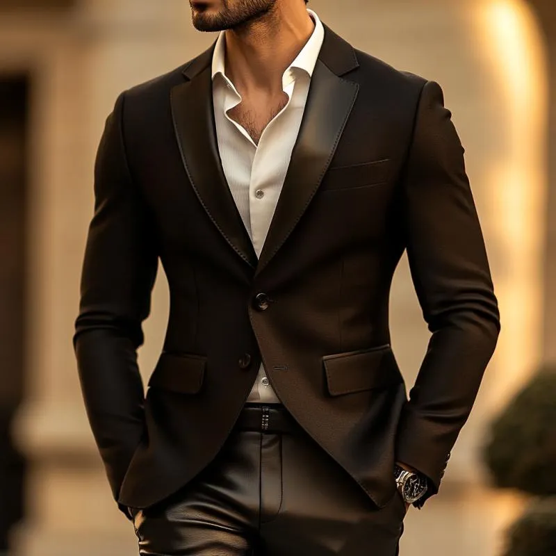 Men's Stylish Leather Patchwork Notch Lapel Single-breasted Slim-fit Blazer 44080807M sold by Manly product image thumbnail 2