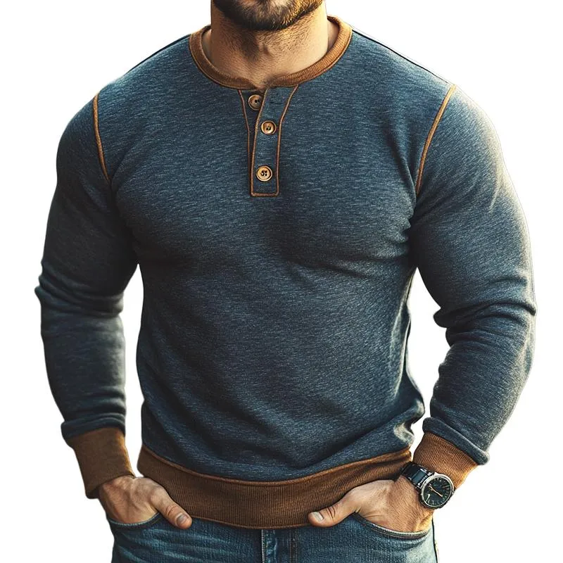 Men's Retro Casual Colorblock Henley Collar Long Sleeve T-Shirt 72088416TO sold by Manly