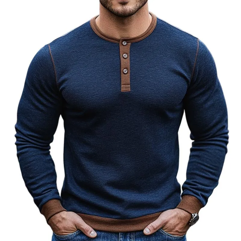 Men's Retro Casual Colorblock Henley Collar Long Sleeve T-Shirt 81347827TO sold by Manly