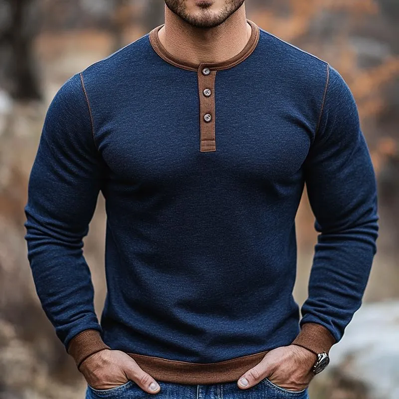 Men's Retro Casual Colorblock Henley Collar Long Sleeve T-Shirt 81347827TO sold by Manly product image thumbnail 2