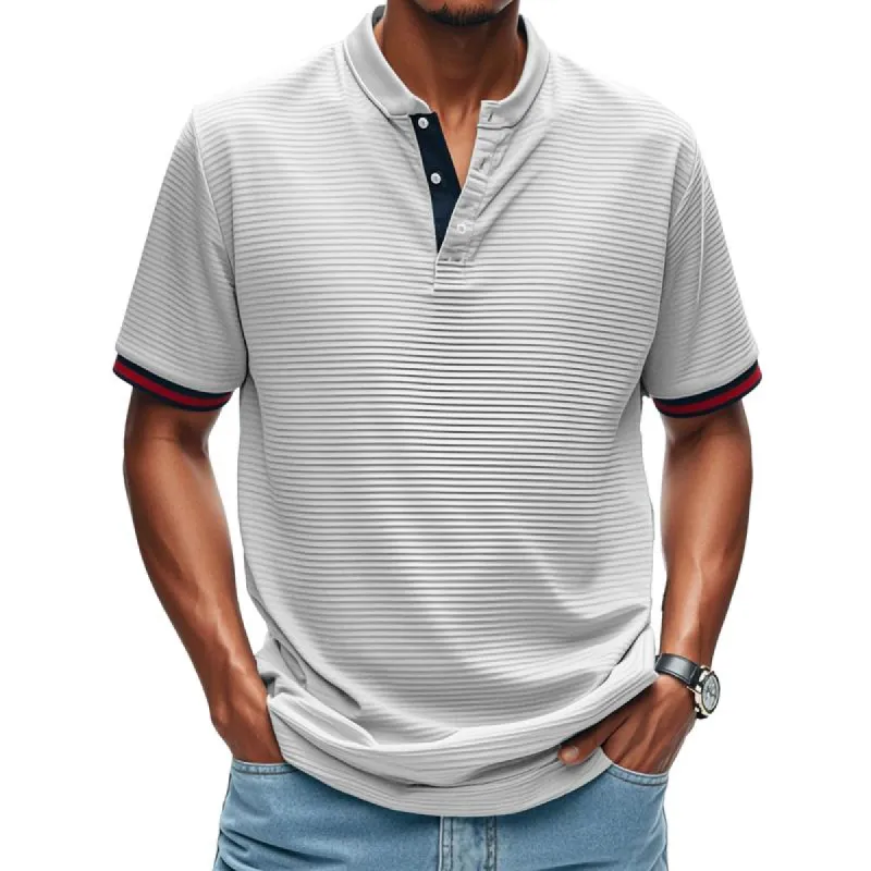 Men's Solid Color Striped Henley Collar Short Sleeve T-shirt 34861781Z sold by Manly
