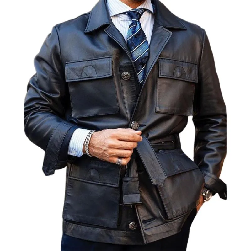 Men's Solid Black Belt Lapel Leather Jacket 45313756U sold by Manly