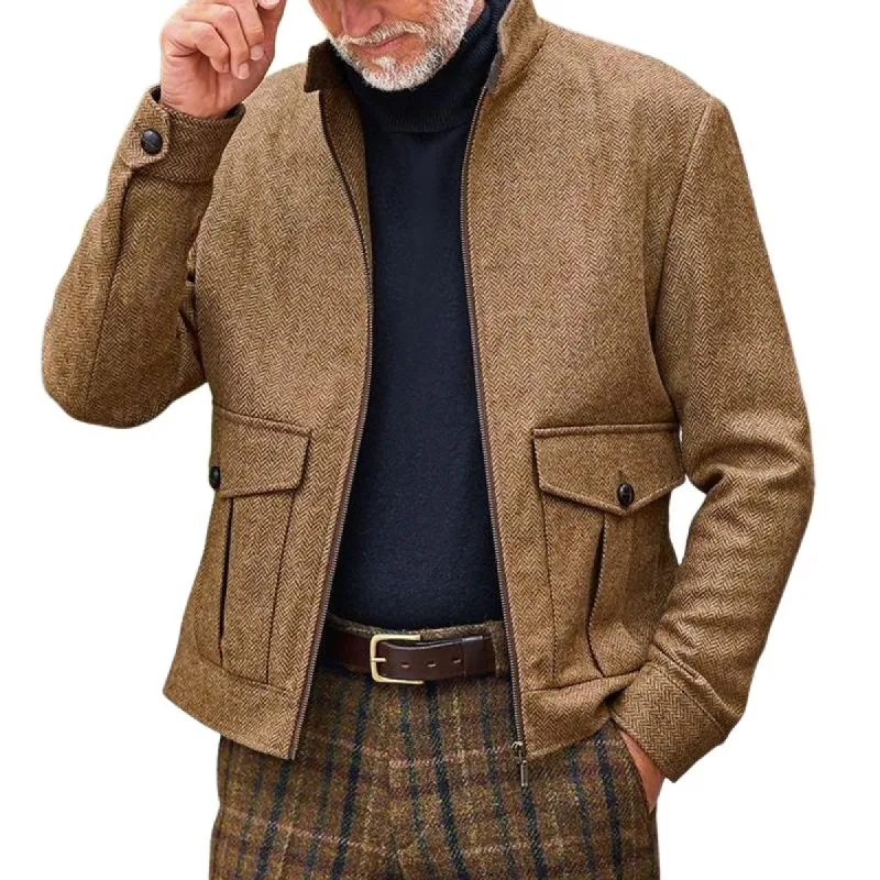 Men's Country Style Herringbone Stand Collar Zipper Jacket 11654641Z sold by Manly