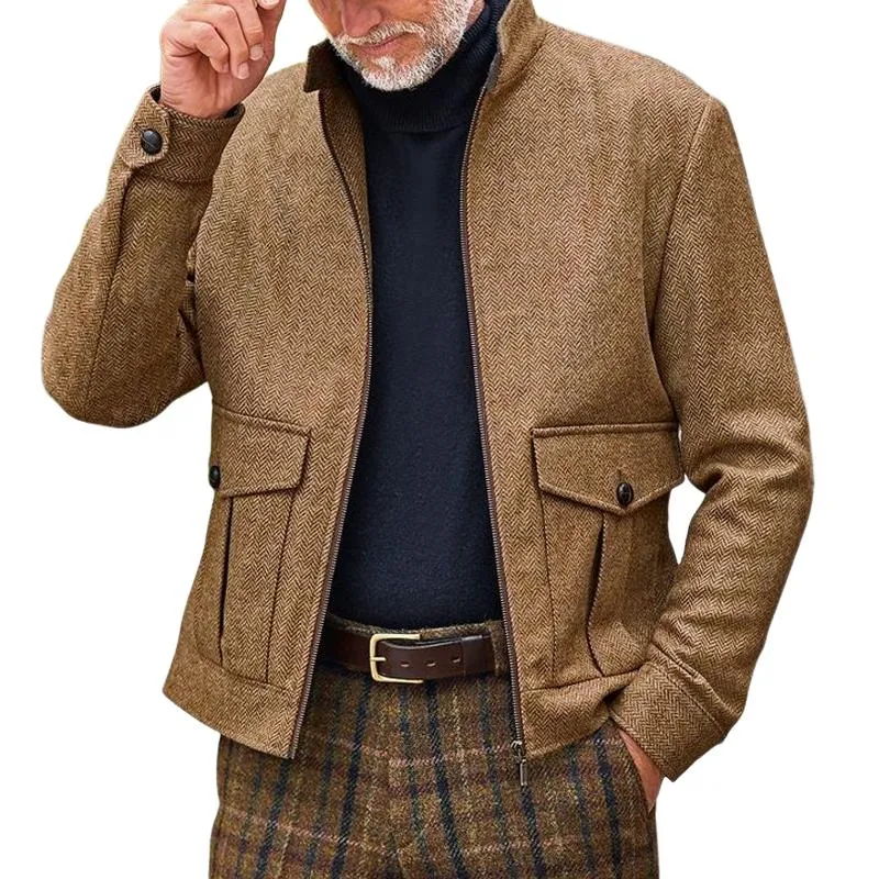 Men's Country Style Herringbone Stand Collar Zipper Jacket 11654641Z sold by Manly