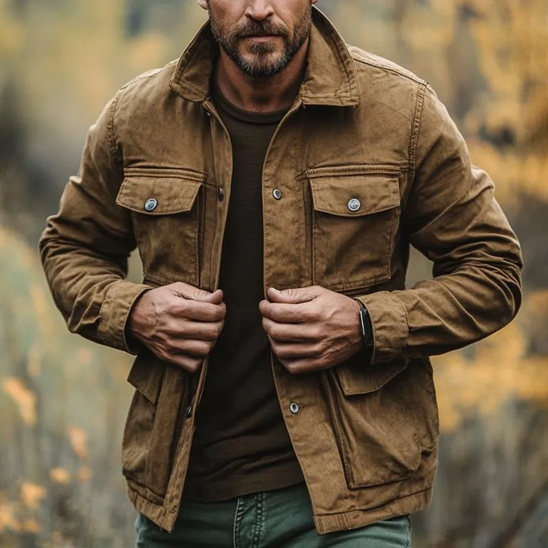 Men's Retro Distressed Lapel Multi-pocket Outdoor Cargo Jacket 68017730Z sold by Manly product image thumbnail 2