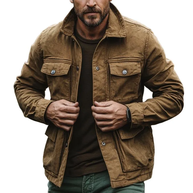 Men's Retro Distressed Lapel Multi-pocket Outdoor Cargo Jacket 68017730Z sold by Manly