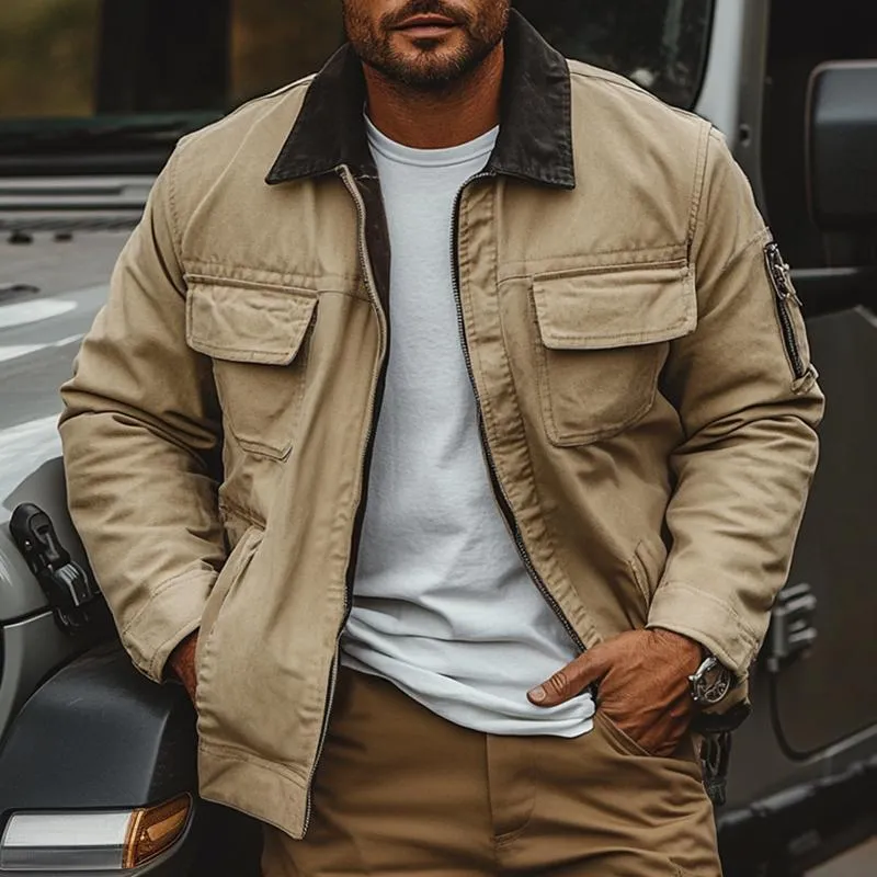 Men's Colorblock Lapel Multi-pocket Zipper Cargo Jacket 01764682Z sold by Manly product image thumbnail 2