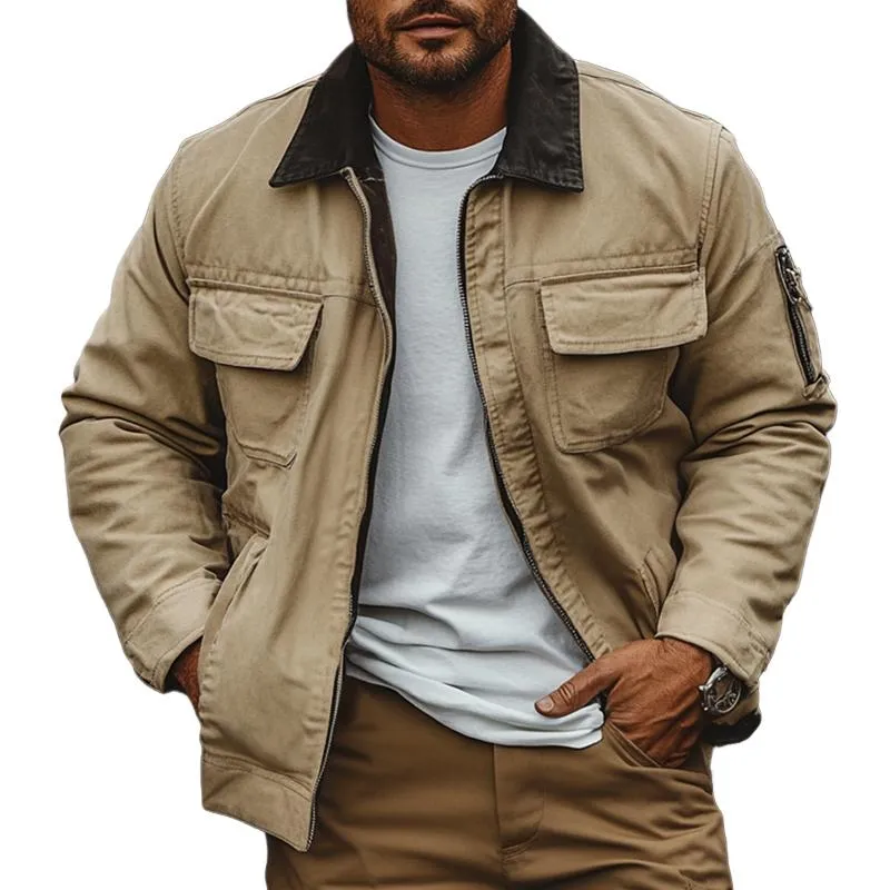 Men's Colorblock Lapel Multi-pocket Zipper Cargo Jacket 01764682Z sold by Manly