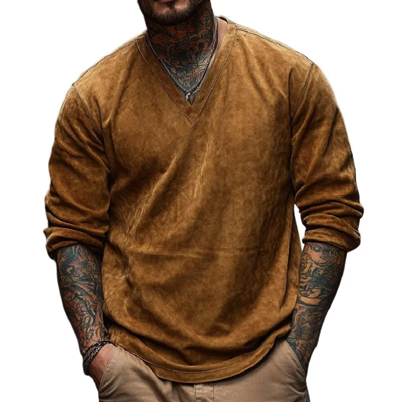 Men's Retro V-neck Long Sleeve Air Layer Suede T-shirt 59688663F sold by Manly