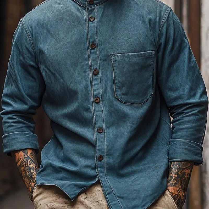 Men's Retro Stand Collar Long Sleeve Casual Shirt 89385858F sold by Manly product image thumbnail 3