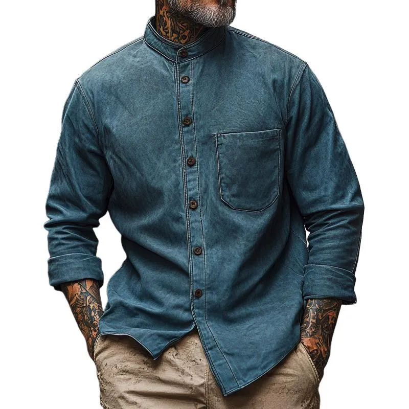 Men's Retro Stand Collar Long Sleeve Casual Shirt 89385858F sold by Manly