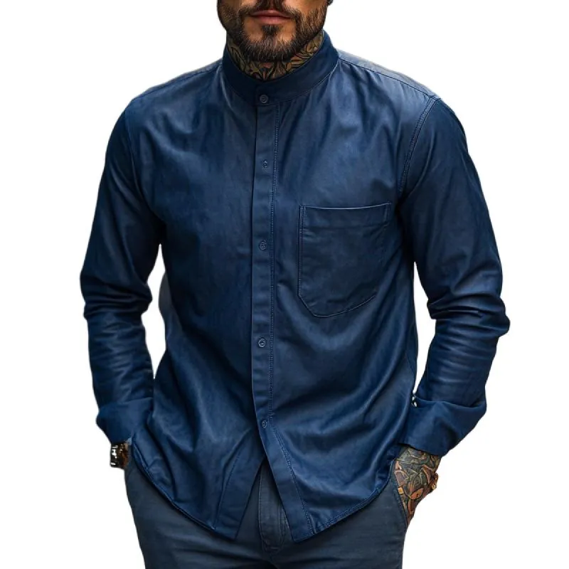 Men's Vintage Stand Collar Long Sleeve Leather Shirt 68689596F sold by Manly