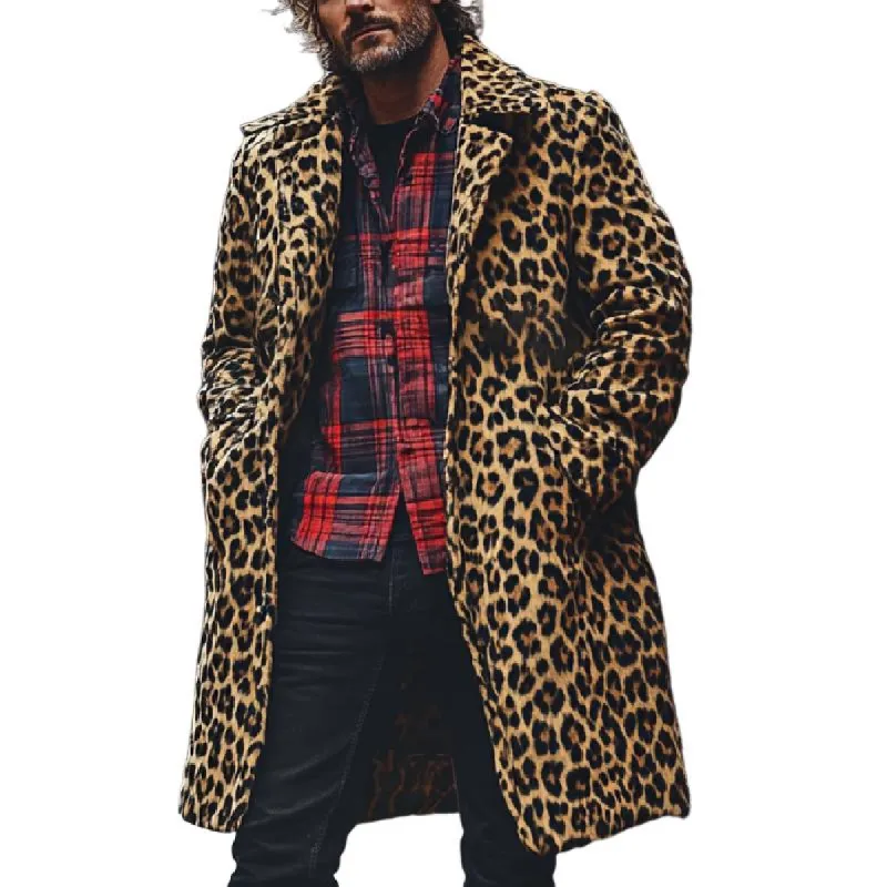 Men's Classic Lapel Long Leopard Print Air Layer Suede Coat 25349345F sold by Manly