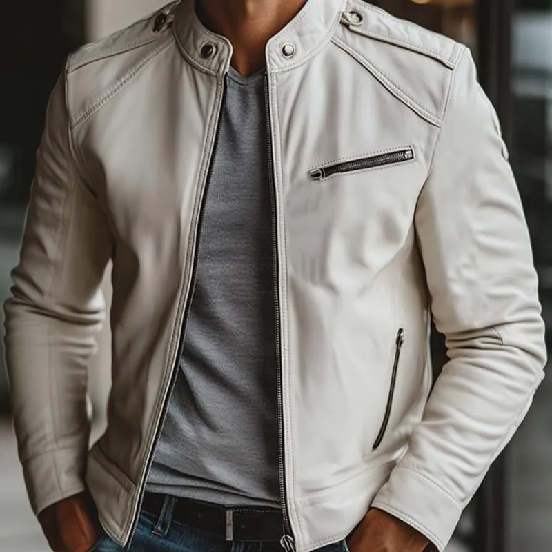 Men's White Stand Collar Zipper Leather Jacket 01261265U sold by Manly product image thumbnail 3