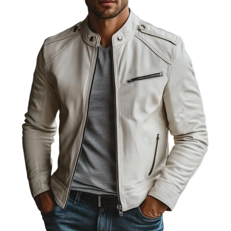 Men's White Stand Collar Zipper Leather Jacket 01261265U sold by Manly
