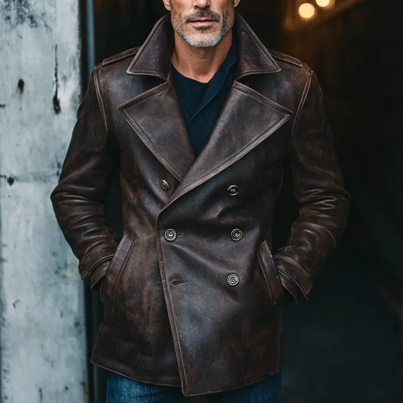 Men's Vintage Distressed Notched Lapel Leather Jacket 32095607U sold by Manly product image thumbnail 2