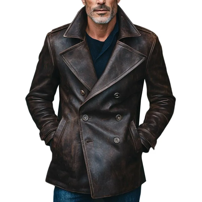 Men's Vintage Distressed Notched Lapel Leather Jacket 32095607U sold by Manly