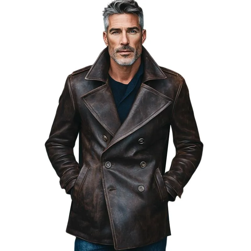 Men's Vintage Distressed Notched Lapel Leather Jacket 32095607U sold by Manly product image thumbnail 4