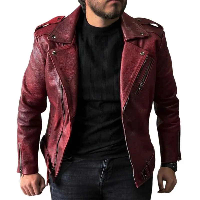 Men's Notched Lapel Zipper Leather Jacket 94356759U sold by Manly