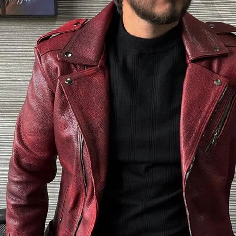 Men's Notched Lapel Zipper Leather Jacket 94356759U sold by Manly product image thumbnail 3