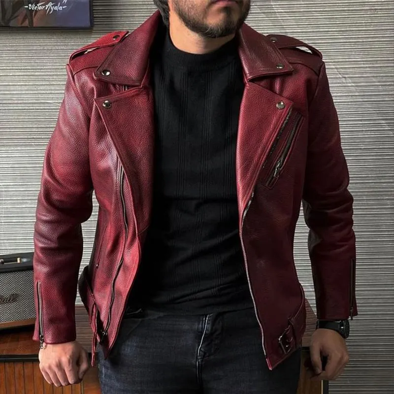Men's Notched Lapel Zipper Leather Jacket 94356759U sold by Manly product image thumbnail 2