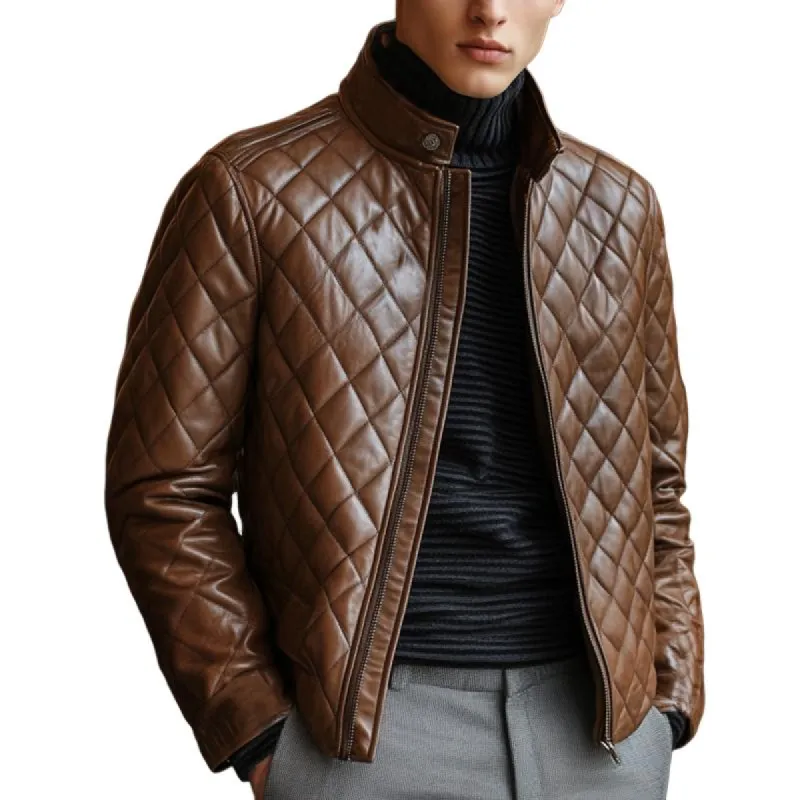 Men's Vintage Stand Collar Quilted Leather Jacket 90080987U sold by Manly