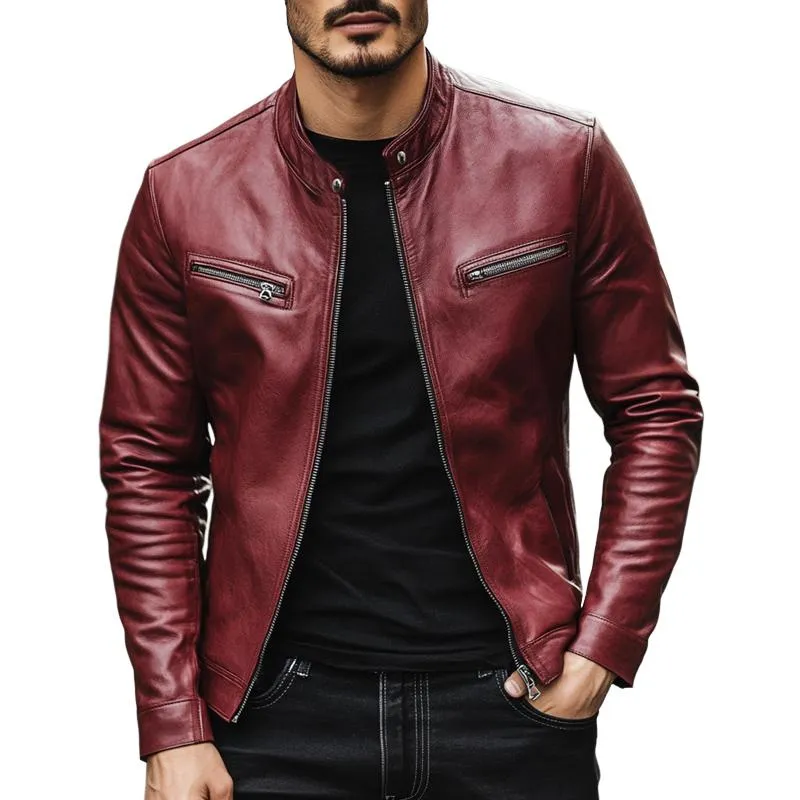 Men's Vintage Stand Collar Zipper Leather Jacket 89632422U sold by Manly