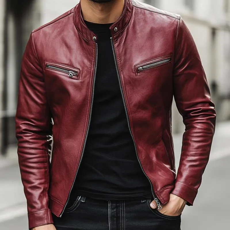 Men's Vintage Stand Collar Zipper Leather Jacket 89632422U sold by Manly product image thumbnail 3