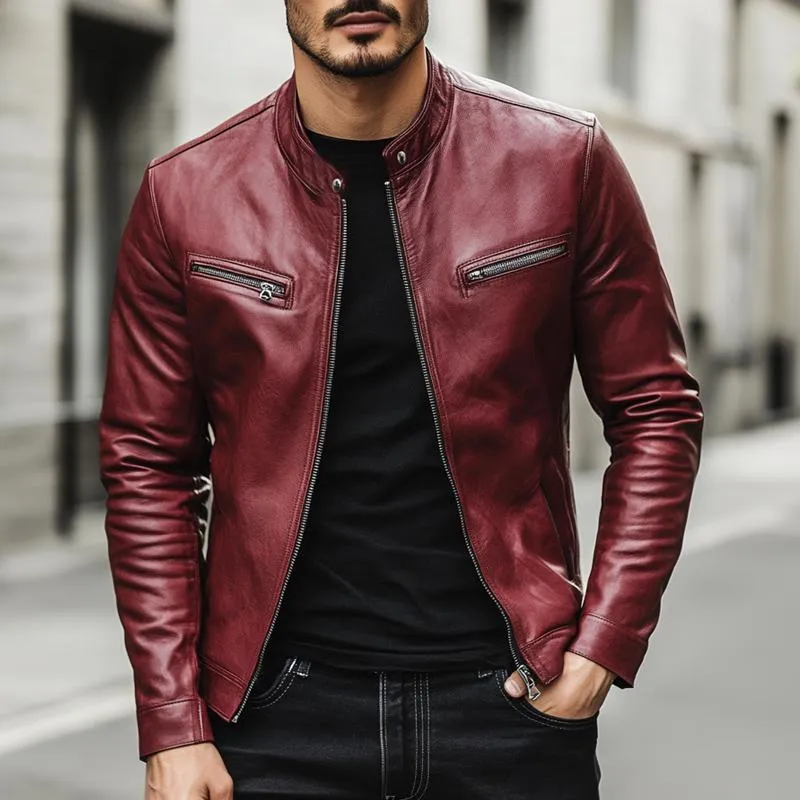 Men's Vintage Stand Collar Zipper Leather Jacket 89632422U sold by Manly product image thumbnail 2