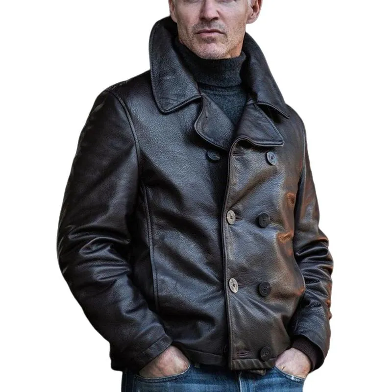 Men's Double Breasted Notched Lapel Leather Jacket 67296498U sold by Manly