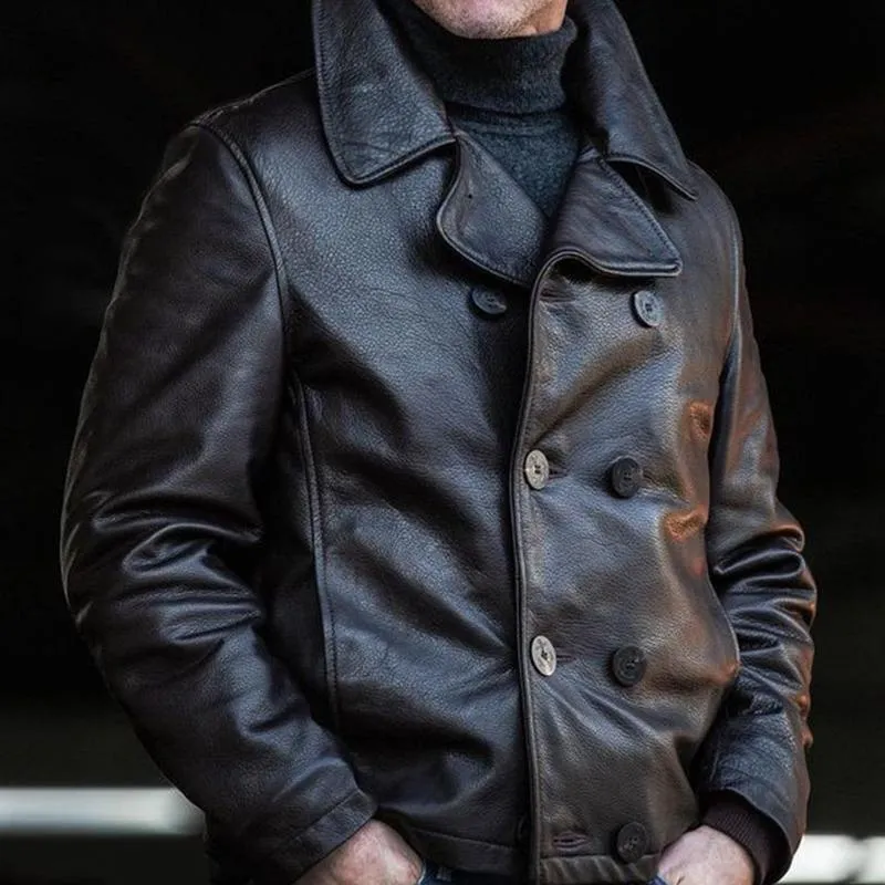 Men's Double Breasted Notched Lapel Leather Jacket 67296498U sold by Manly product image thumbnail 3