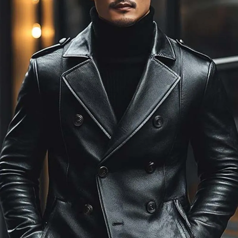 Men's Classic Casual Slim Fit Double Breasted Thigh Length Leather Jacket 43874637K sold by Manly product image thumbnail 3