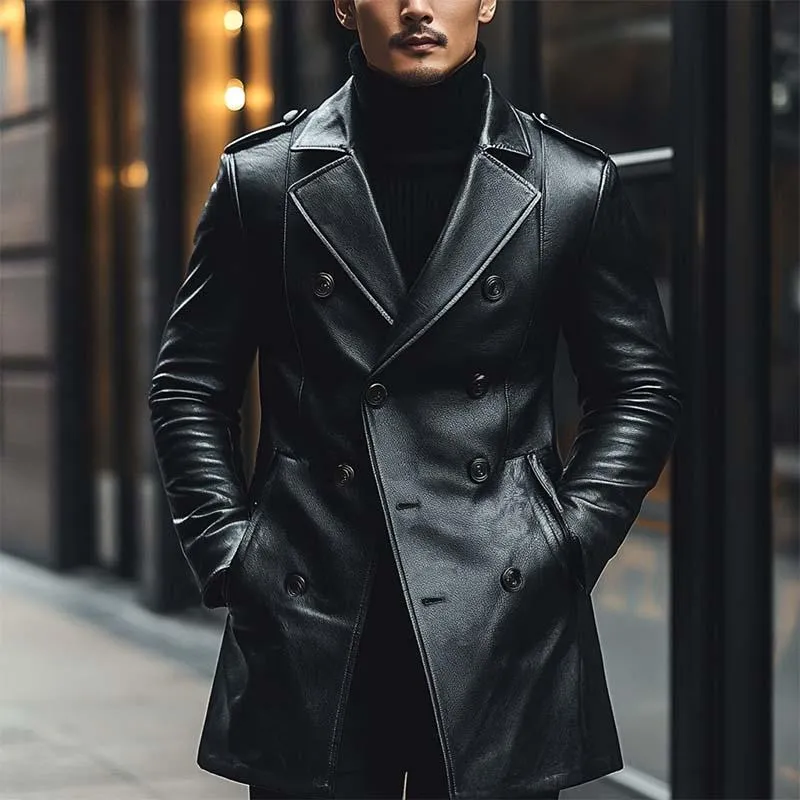 Men's Classic Casual Slim Fit Double Breasted Thigh Length Leather Jacket 43874637K sold by Manly product image thumbnail 2