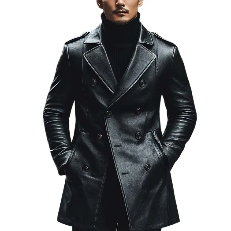 Men's Classic Casual Slim Fit Double Breasted Thigh Length Leather Jacket 43874637K sold by Manly