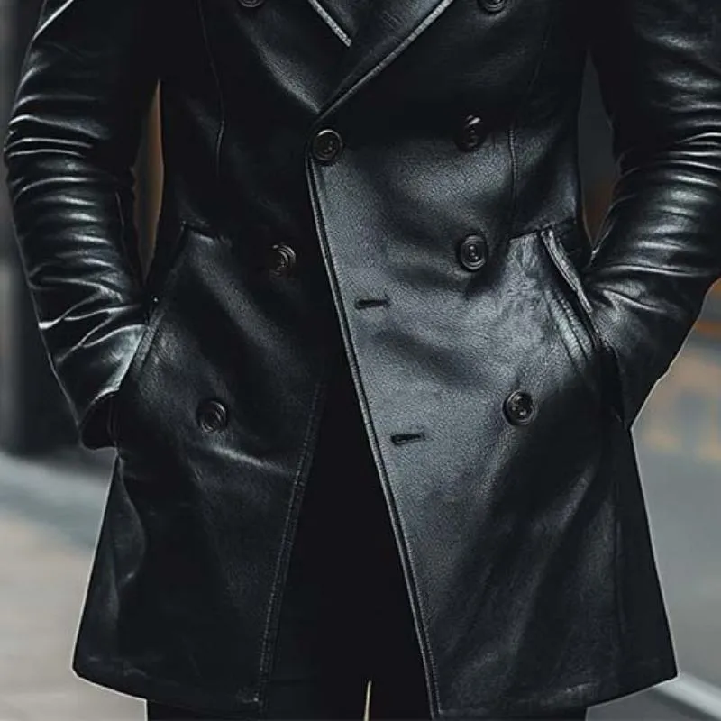 Men's Classic Casual Slim Fit Double Breasted Thigh Length Leather Jacket 43874637K sold by Manly product image thumbnail 4