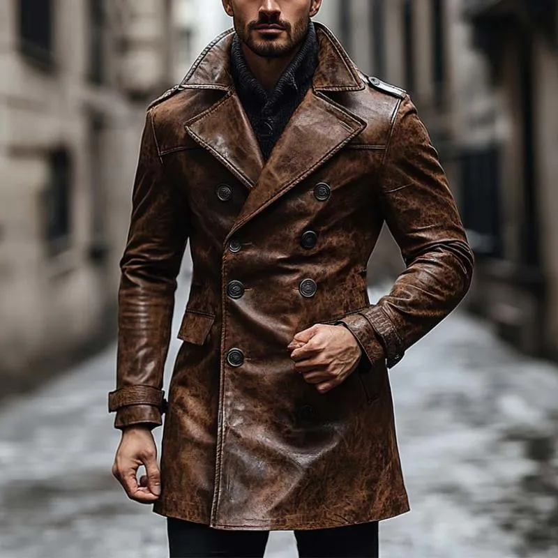 Men's Classic Vintage Slim Lapel Double Breasted Leather Jacket 66680845K sold by Manly product image thumbnail 2