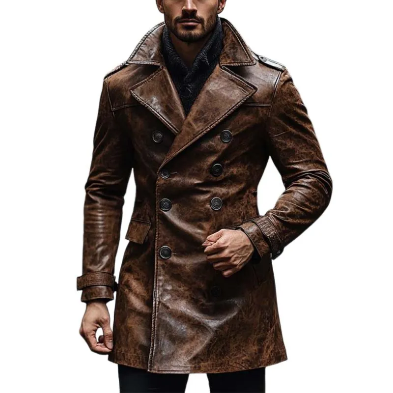 ジャケット・アウター LEATHER COMBINATION DOUBLE LAPEL COAT Spring Autumn Long Patchwork Pu Leather Coat Women With