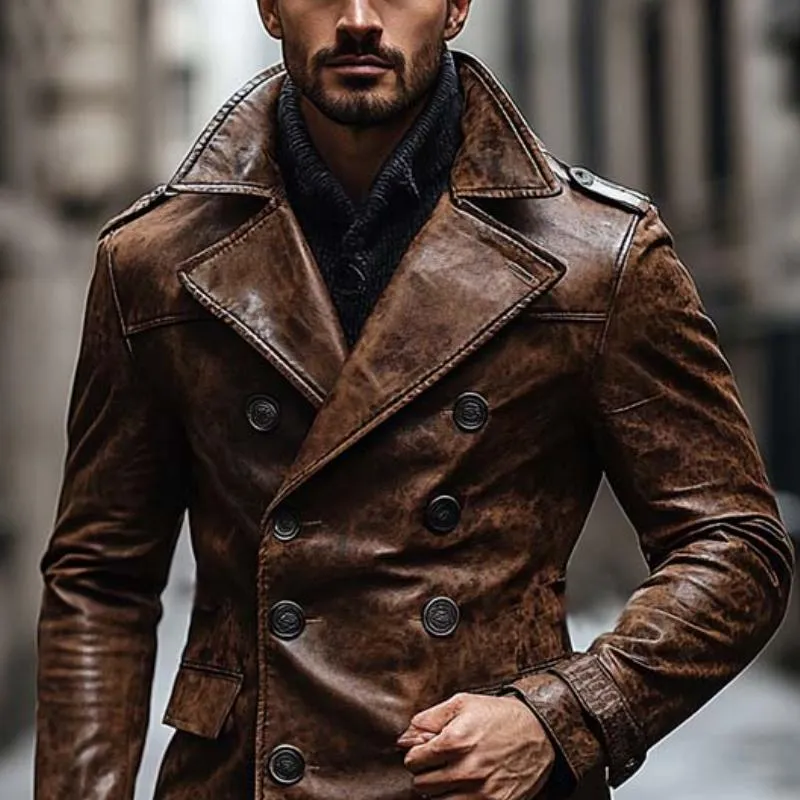 Men's Classic Vintage Slim Lapel Double Breasted Leather Jacket 66680845K sold by Manly product image thumbnail 3