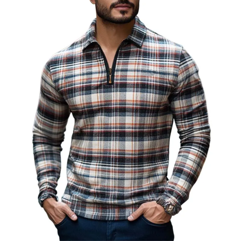 Men's Classic Casual Slim Fit Plaid Lapel Zipper Long Sleeve POLO Shirt 52593963K sold by Manly