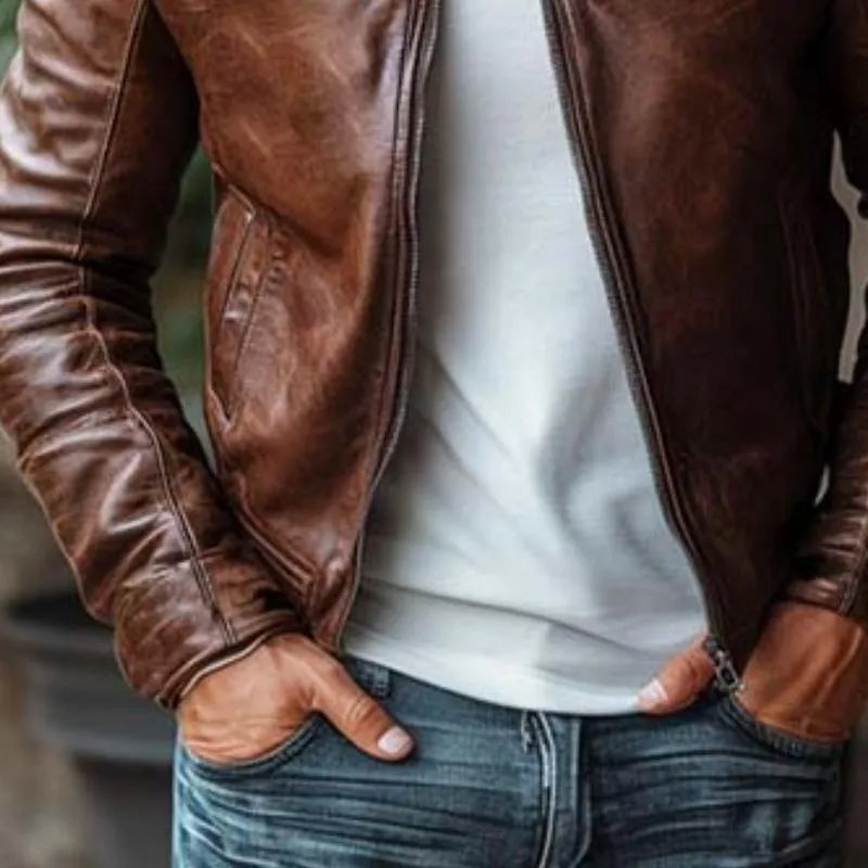 Men's Classic Vintage Slim Stand Collar Leather Jacket 48747060K sold by Manly product image thumbnail 4