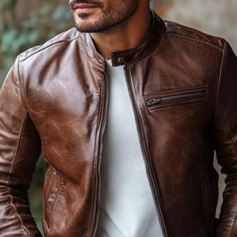 Men's Classic Vintage Slim Stand Collar Leather Jacket 48747060K sold by Manly product image thumbnail 3