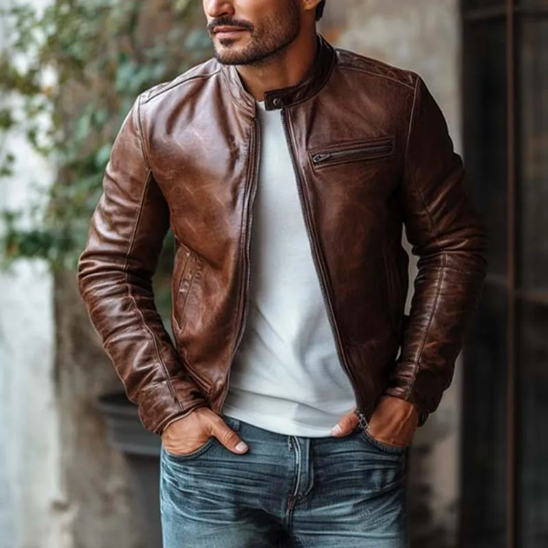 Men's Classic Vintage Slim Stand Collar Leather Jacket 48747060K sold by Manly product image thumbnail 2