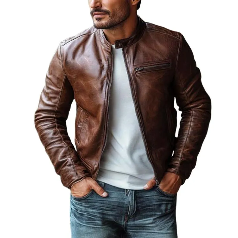 Men's Classic Vintage Slim Stand Collar Leather Jacket 48747060K sold by Manly