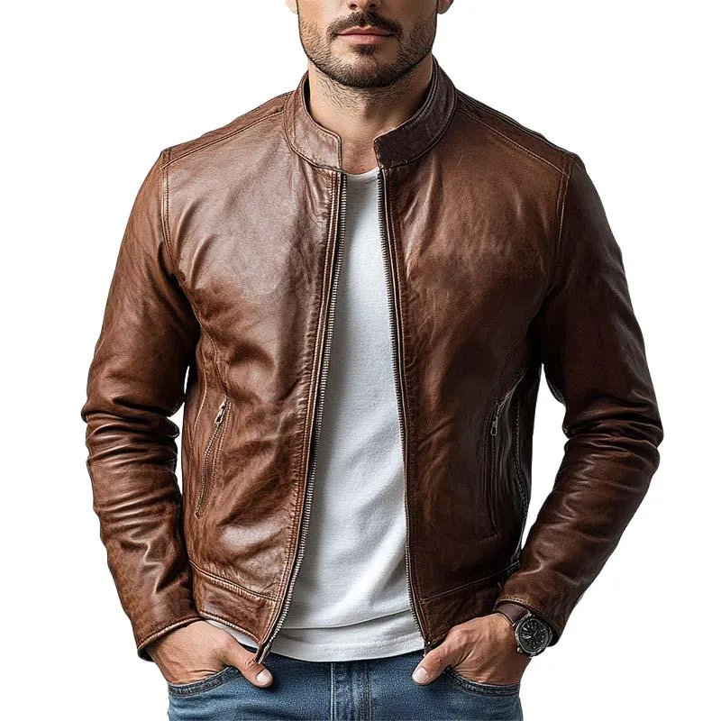 Men's Classic Casual Slim Stand Collar Leather Jacket 53059954K sold by Manly