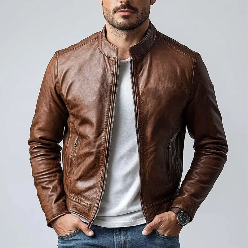 Men's Classic Casual Slim Stand Collar Leather Jacket 53059954K sold by Manly product image thumbnail 2