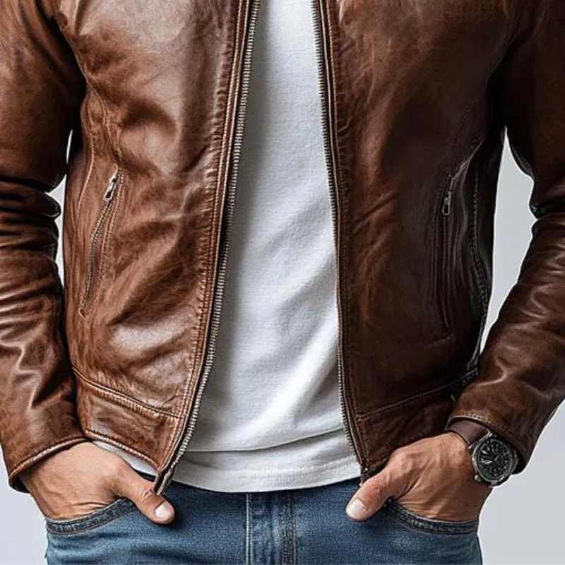 Men's Classic Casual Slim Stand Collar Leather Jacket 53059954K sold by Manly product image thumbnail 4